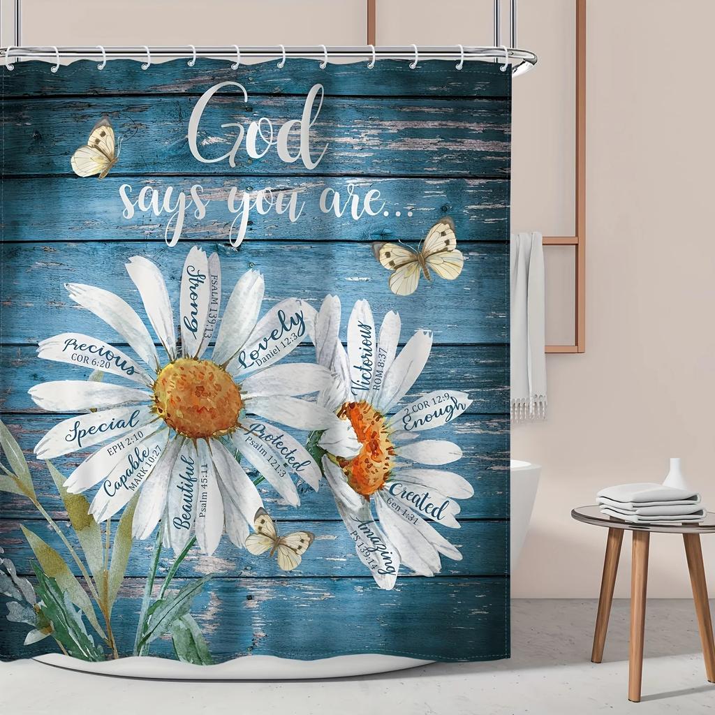 1pc Vintage Daisy Quote Shower Curtain - Farmhouse Wood Panel, Butterfly, Bible Verse, Polyester, 60x71In, 12 Hooks