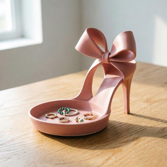 High Heels Jewelry Tray Pink Shoe Shaped Trinket Dish for Rings Earrings Necklaces Decorative Bowknot Desk Vanity Organizer for Women
