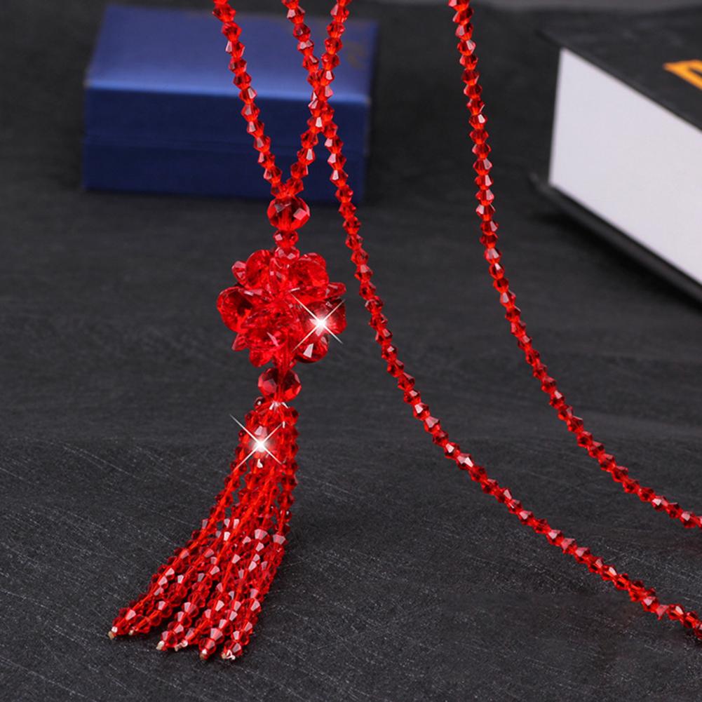 1116 Faux Crystal Necklace Knotted Beaded Long Tassel Shiny All Match Women Long Pendant Sweater Necklace Pendant Necklaces