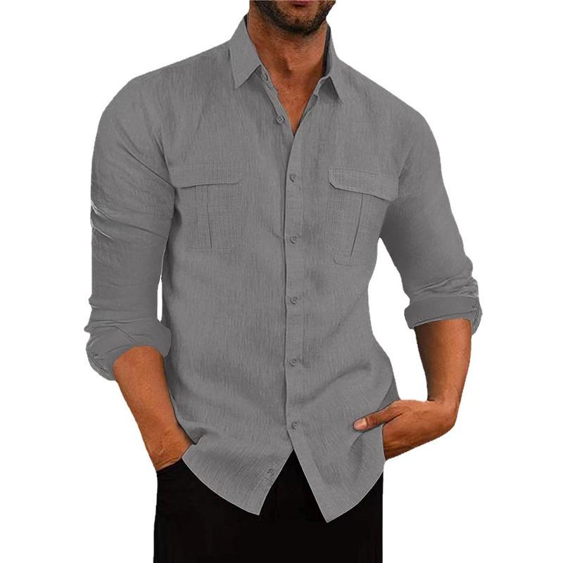 Camicie da uomo europee e americane Camicie a maniche lunghe in cotone e lino con doppia tasca Camicie casual per le feste