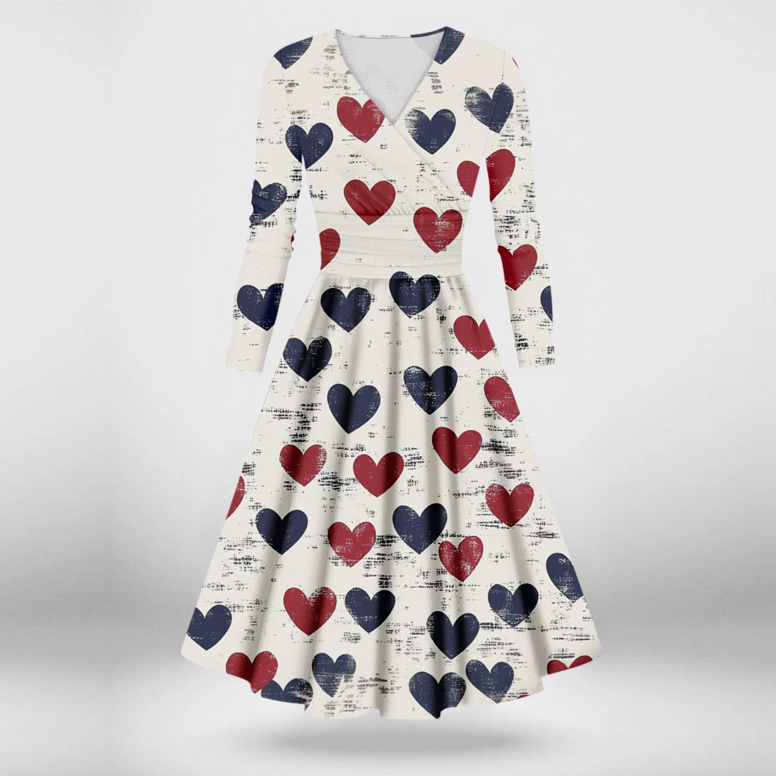 

Женское модное повседневное платье с принтом ко Дню святого Валентина, длинными рукавами и V-образным вырезом, сексуальное платье L темно-синий