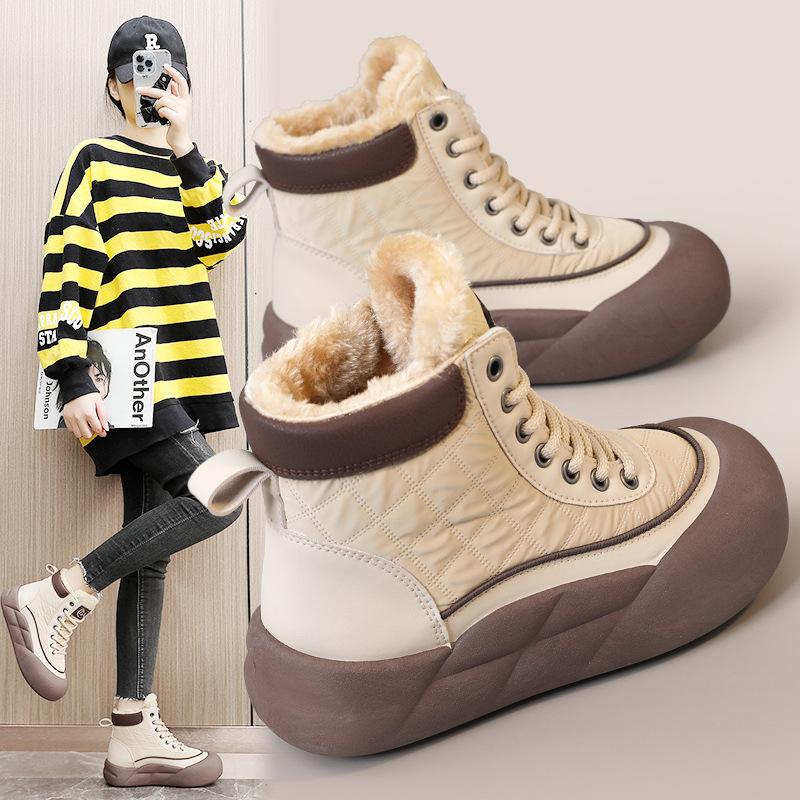 G3507 New Winter Cotton Shoes Platform Women's Shoes Color Matching Warm High-top Sports Casual Velvet To Increase Height