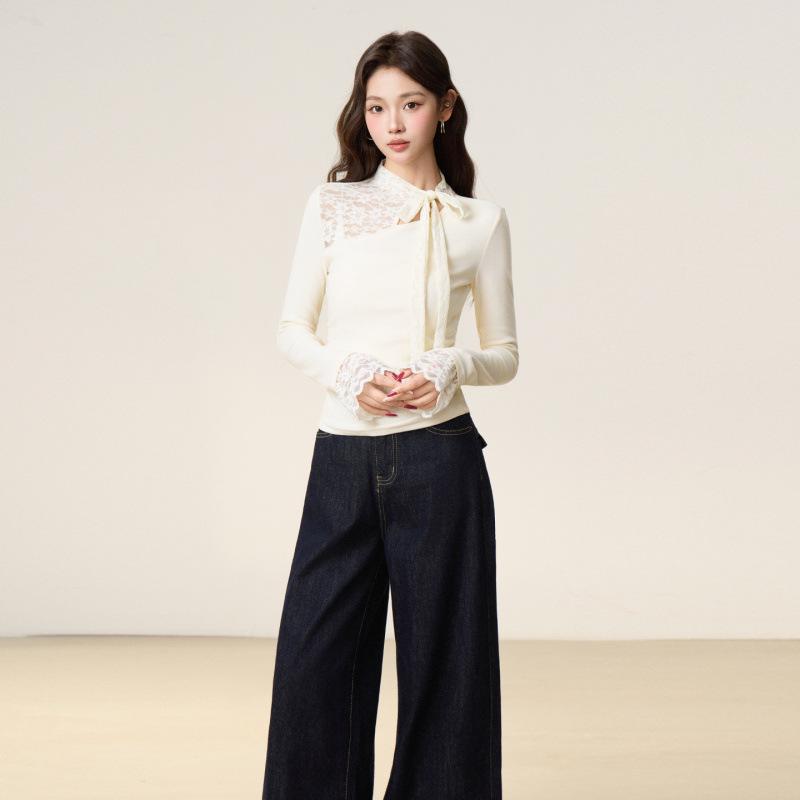 Elegant White Lace Mock Neck Long-Sleeve T-Shirt with Brushed Inner Layer for Autumn/Winter L