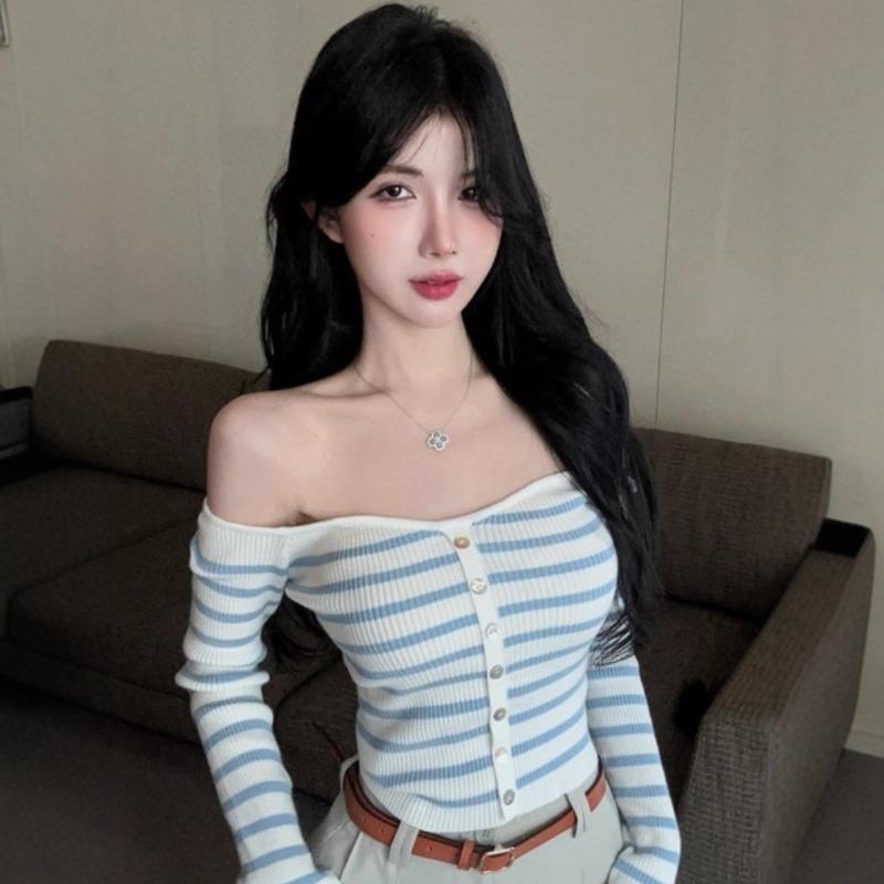 Sexy One-word Shoulder Striped Long-sleeved Knitted Sweater Women's Autumn New Pure Desire Spice Girl Slim-fitting Short Top