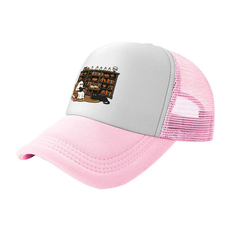 Library Cats Bookshelf Design Mesh Baseball Cap Breathable Trucker Hat for Cat Lovers Reading Theme Fashion Accessory