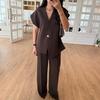 Casual 2 Piece Pants Sets Women Solid One Button Blazer Zippers High Waist Pleat Wide Trousers 2025 Spring Summer Lady Outfits