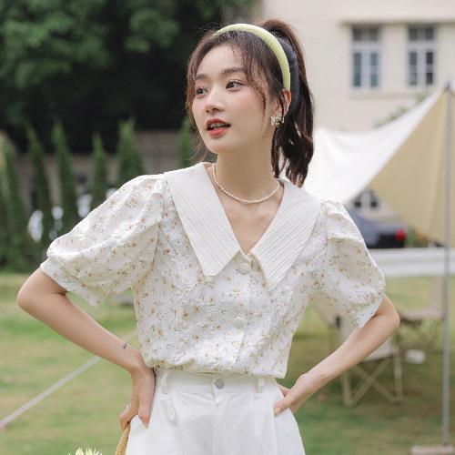 

Ladies Floral Bubble Sleeve Shirts French Style Sweet Women s Turn-down coller Blouses Summer Loose Single Breasted Female Top M