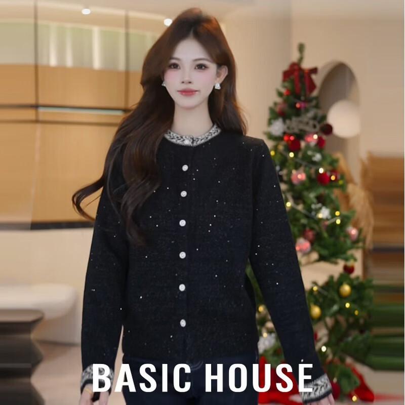 Basic House Women s Sequin Jacquard Knit Cardigan L