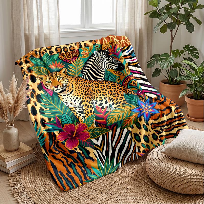 Jungle Leopard Floral Fusion 1 Theme blanket Lightweight Warm Flannel Blanket Decorative Throw Blanket for Home Decoration