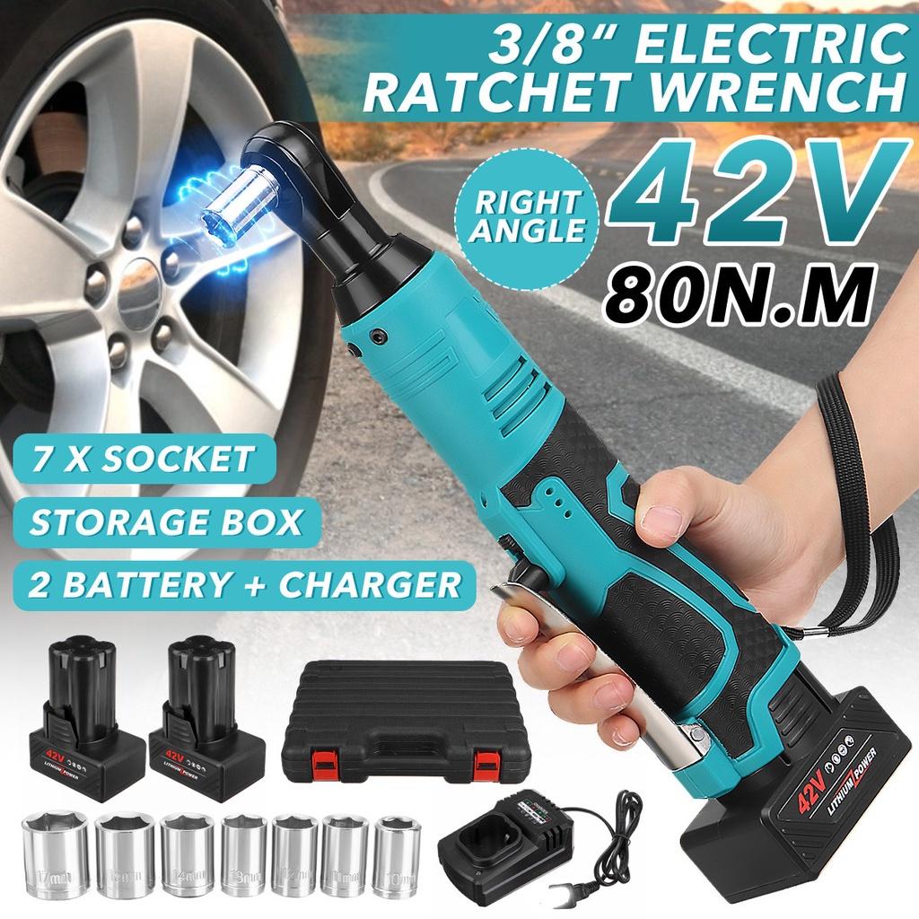 42V 3/8"" Rechargeable Cordless Electric Wrench 110-240V 80N.m Power Tool Electric Ratchet Wrench with 2 Lithium-Ion Battery Charger Kit