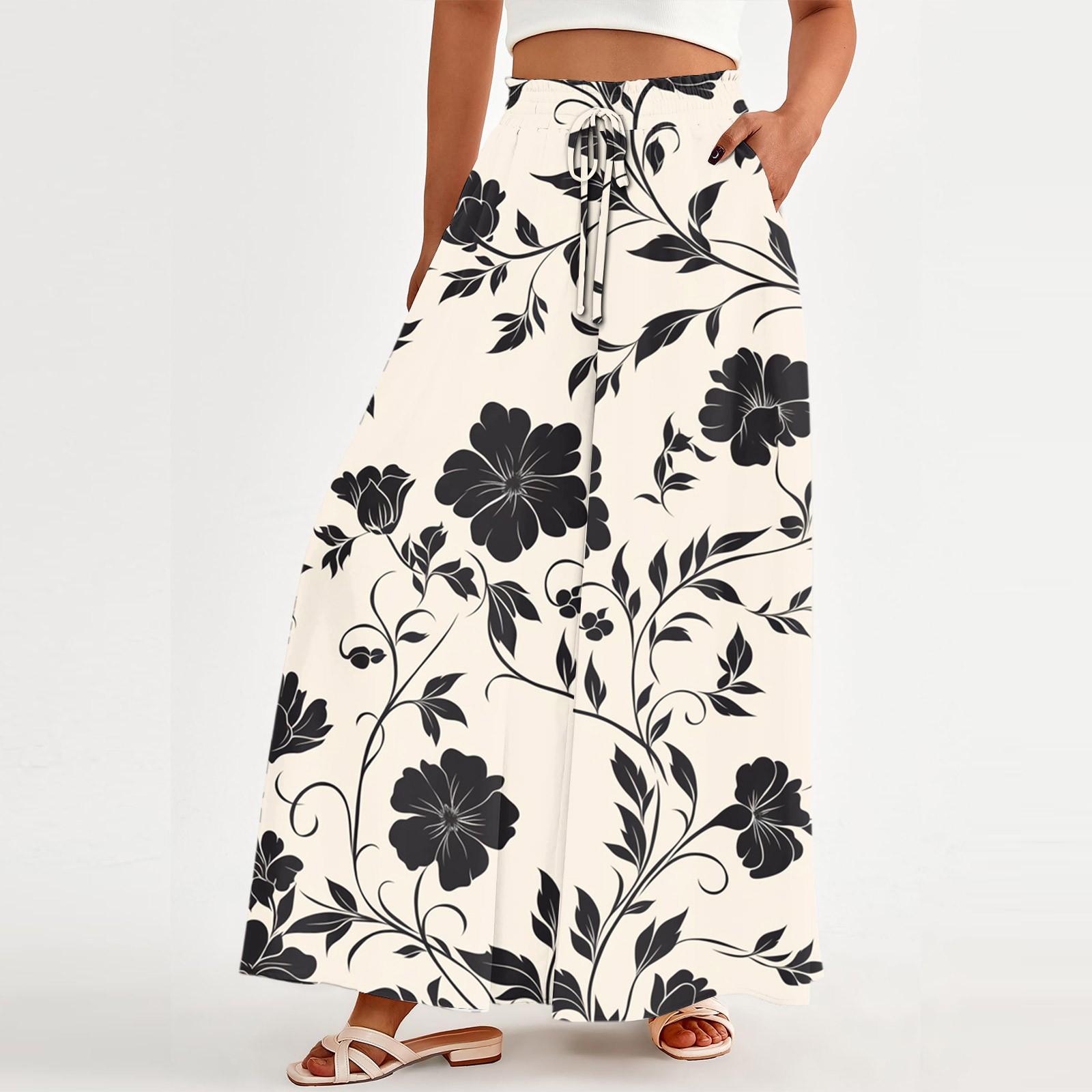 

Женские свободные повседневные брюки с бохо-цветочным принтом, струящиеся брюки с высокой талией и сумкой XXL чёрный