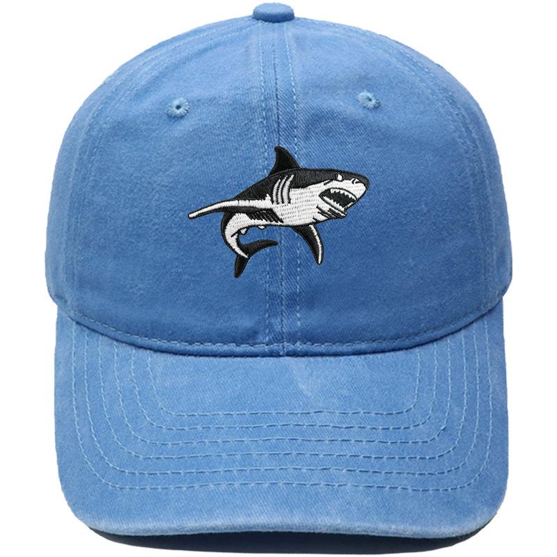 Big White Shark Embroidered Baseball Cap Washed Vintage Daddy Hat Marine Animal Men's and Women's Casual Sun Hat