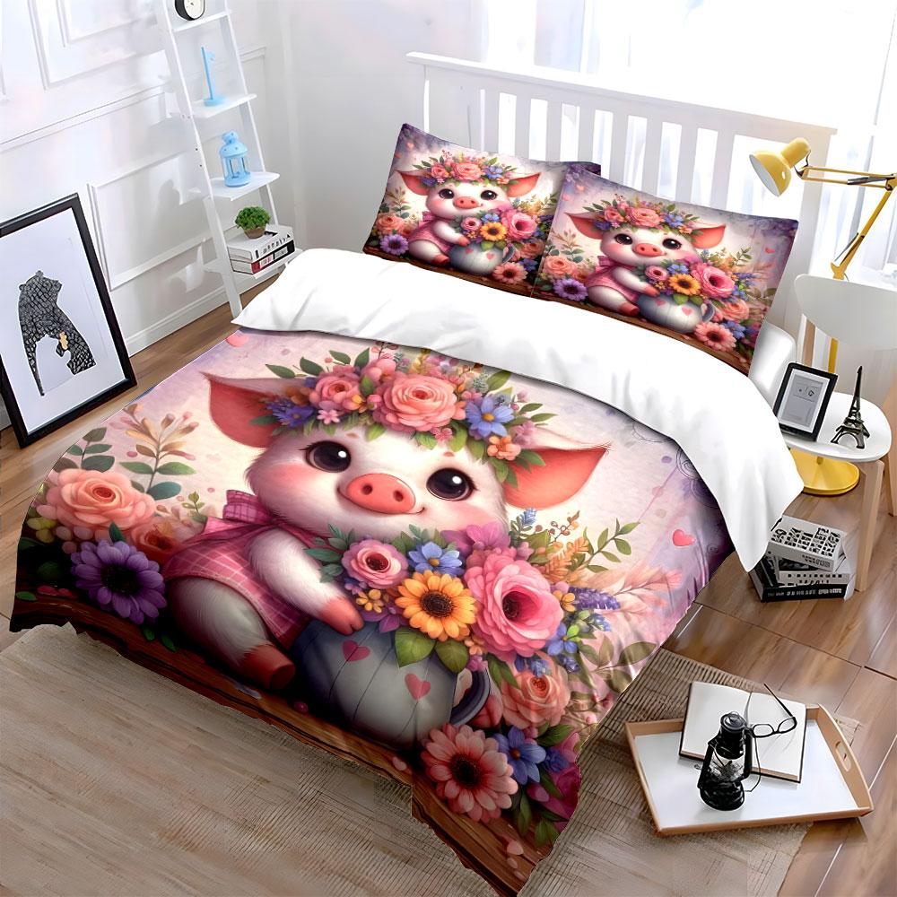 Cute pig with floral artwork Print Bedding Set 1 Duvet Cover 2 Pillowcases for Adult and Children Luxury Gift Full Size