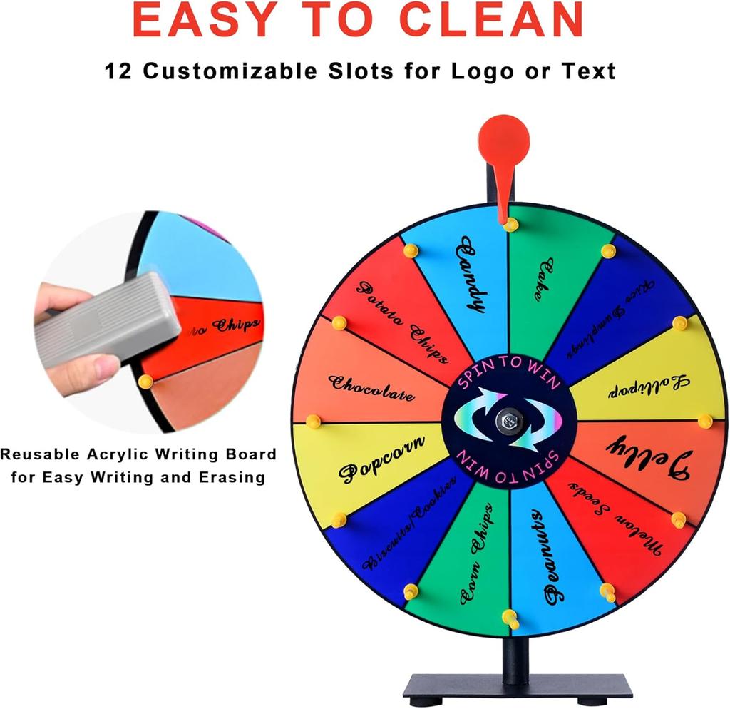 Roată Norocoasă Spin Wheel de 12 Inch cu 12 Sloturi, Bază și Suport Rezistente, Ideală pentru Evenimente de Carnaval Petreceri Acasă