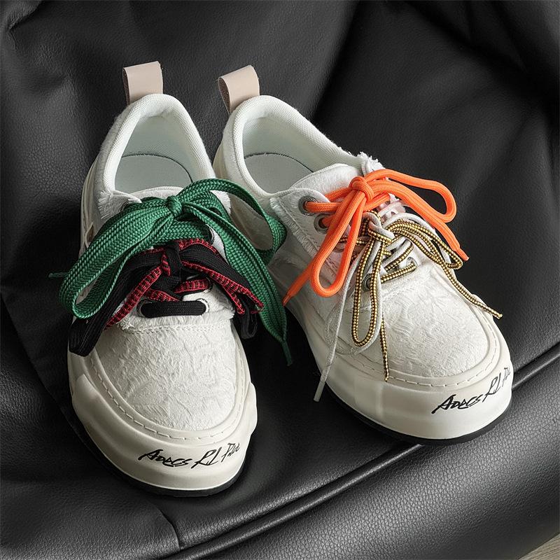 

Star with the same spring and summer low-top board shoes men s fringed rough edge black and white handmade couple casual versatile vulcanized shoes 44 бежевий