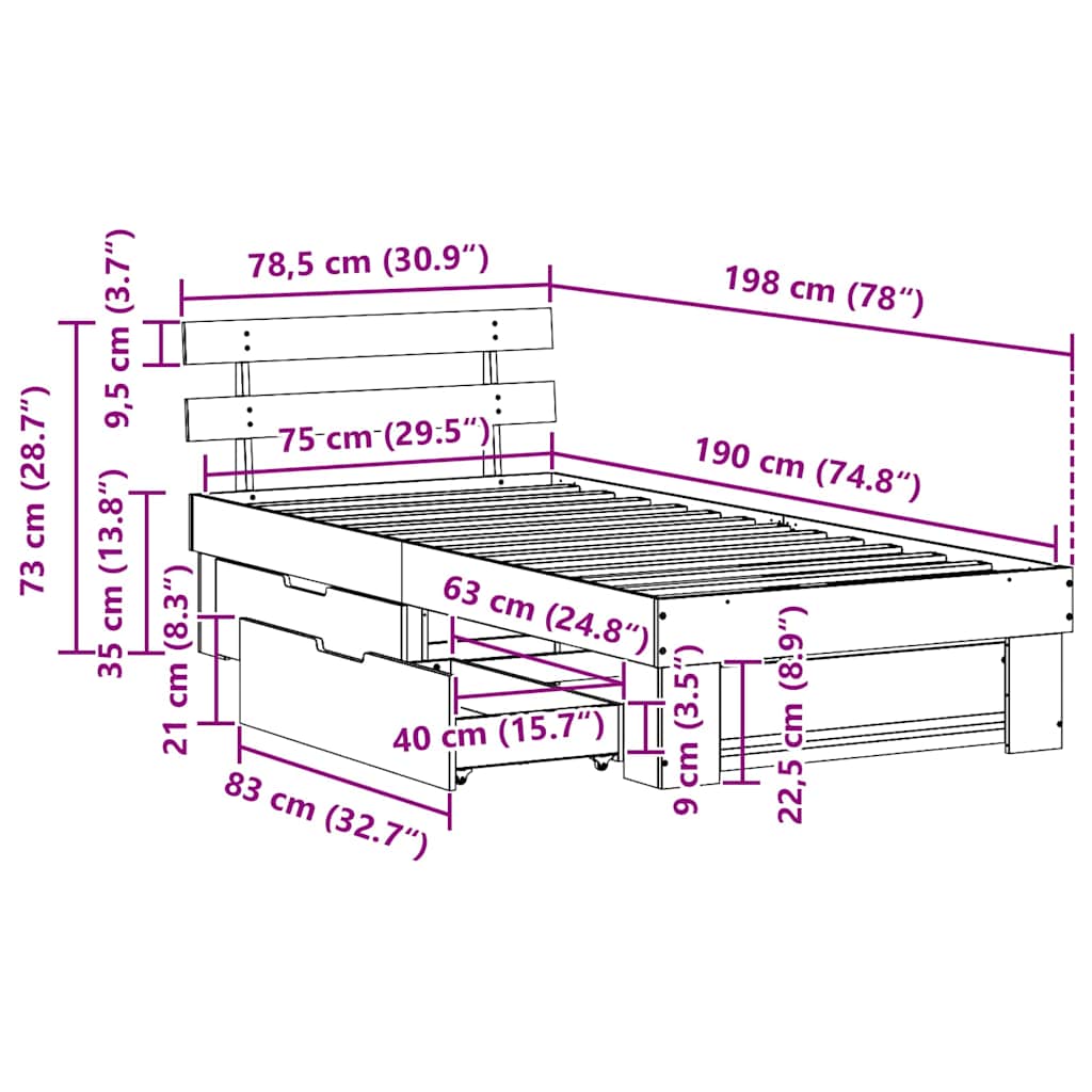 Natural Wooden Bed Frame with Headboard 75 x 190 cm Solid Pine Wood