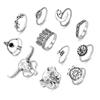 11Pcs/Set Silver Color Gothic Ring Set Bull Head Elephant Head Heart Eye Trendy Mix And Match For Daily Outfits Accessories