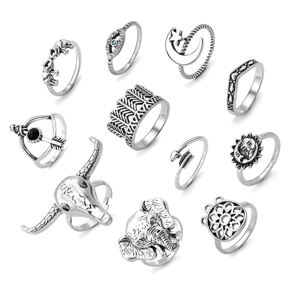 11Pcs/Set Silver Color Gothic Ring Set Bull Head Elephant Head Heart Eye Trendy Mix And Match For Daily Outfits Accessories
