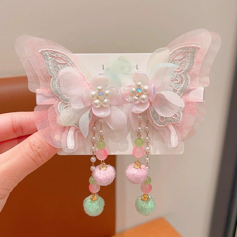 2PCS Children's Hanfu Headwear Hair Clip Little Girl Butterfly Step Swinging Hair Clip Girl Super Fairy Tassel Hair Accessories