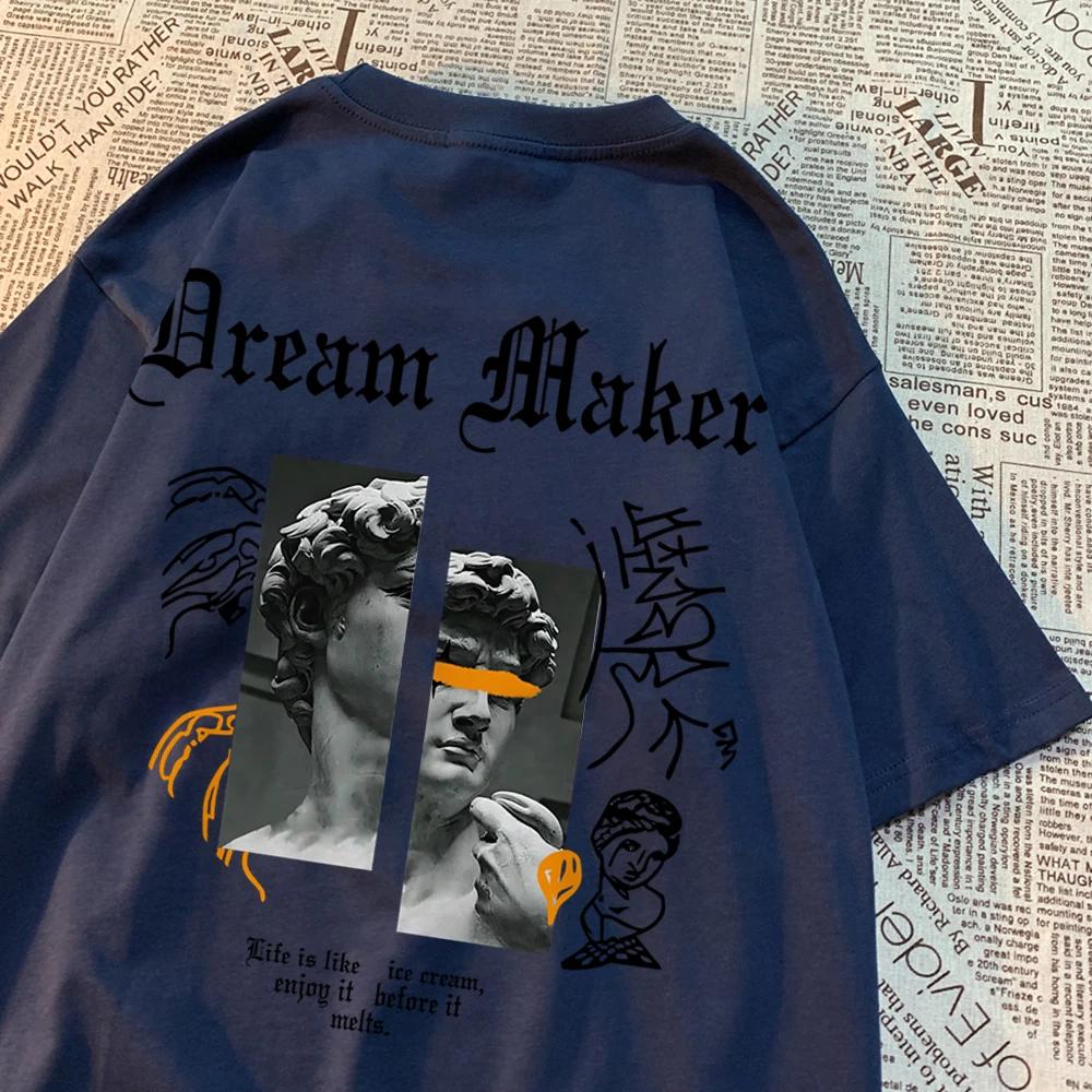 Dream Maker Brave Sculpture Pattern Clothing Men Vintage Cotton Streetwear Couple O-Neck T-Shirts Solid Color Summer Tops