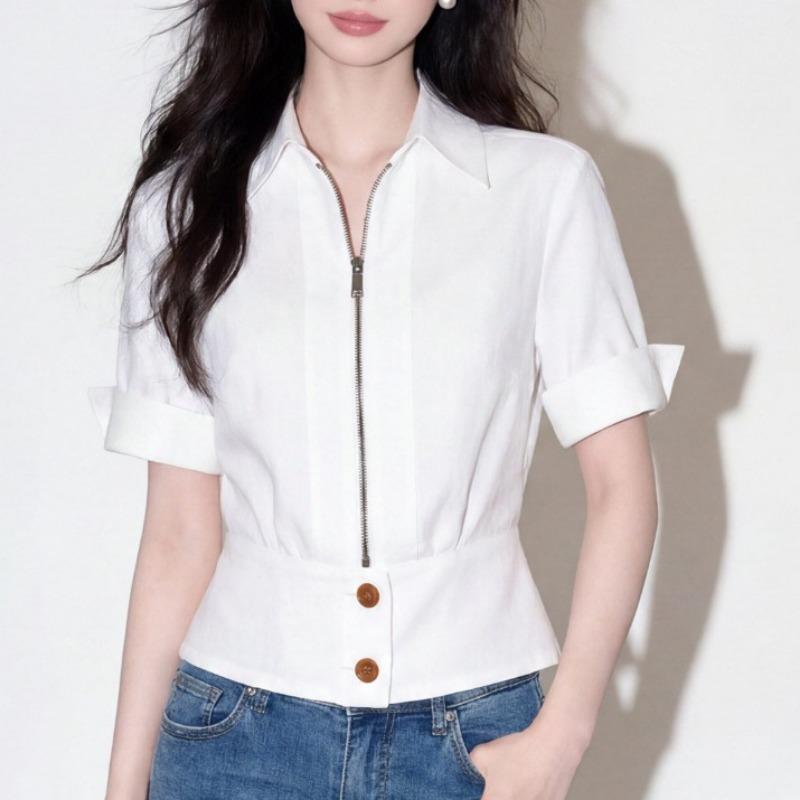 Women White Short Sleeve French Style Slim Fit Casual Commute Shirt Top