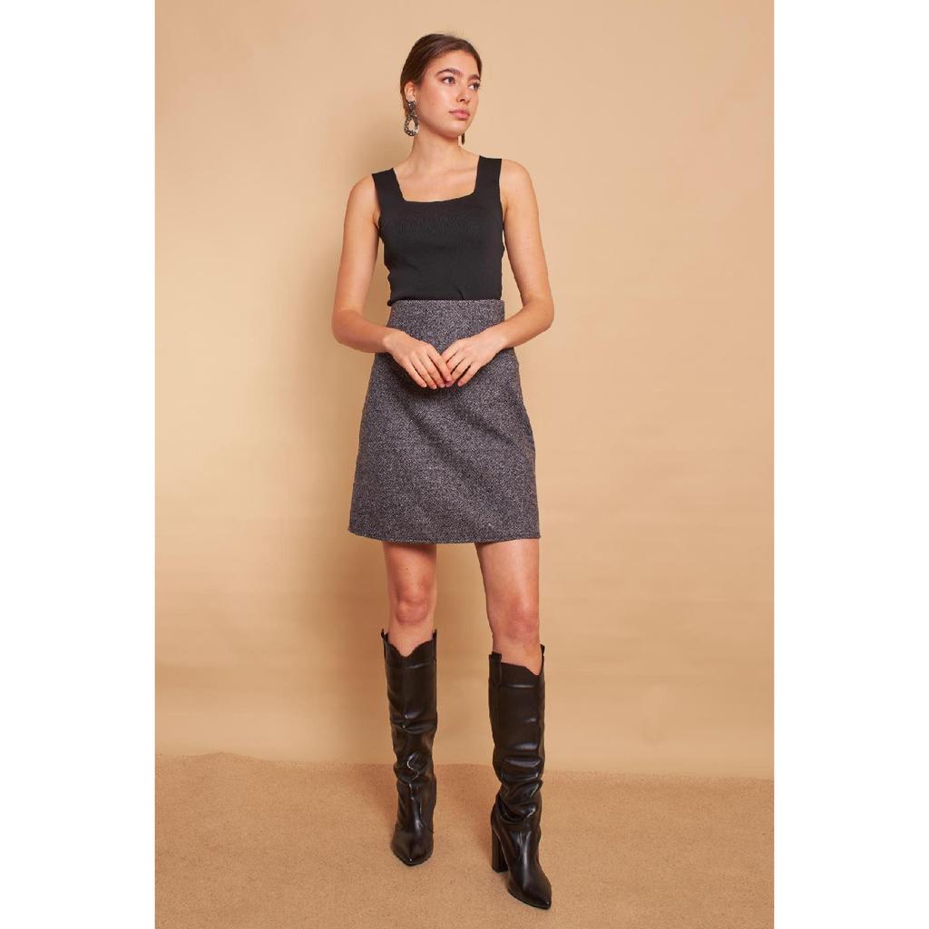 Lightweight Lycra Woolen Winter Jacquard Fabric High Waist Lightweight Above Knee Bell Skirt - Black Diagonal