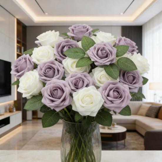25 Pcs Artificial Rose Flower with Long Stem Real Touch Faux Silk Rose Bouquet for Wedding Party Table Centerpieces Festival Decoration