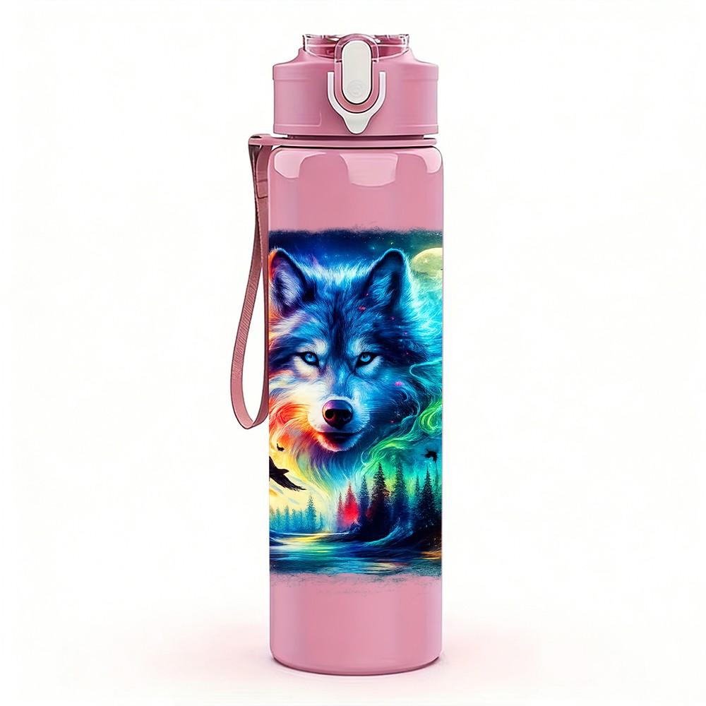 1PC Glowing Galaxy Wolf Head Print 750ml Color Plastic Sports Water Bottle Leakproof Flip Straw Lid Suitable for Sports Office Home Use