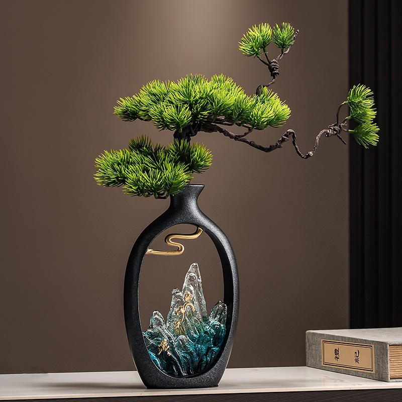 Chinese Style Pine Vase - Elegant Ornament for Living Room, Entrance, and Office; Perfect Housewarming Gift.