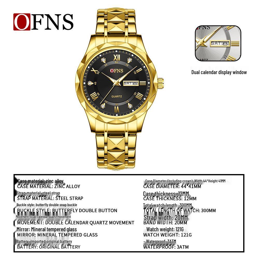 OFNS Herren Quarz Business Uhr: 3D Römische Ziffern, Doppelkalender, Wasserdicht, Edelstahlarmband.