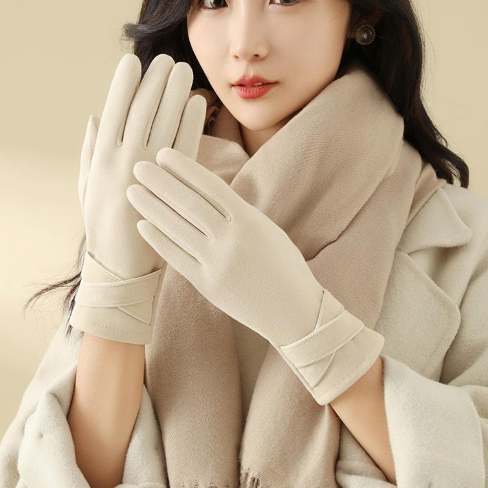 Vintage Thickened Women Suede Gloves Plush Full Finger Touch Screen Gloves Keep Warm Windproof Winter Mittens Sports