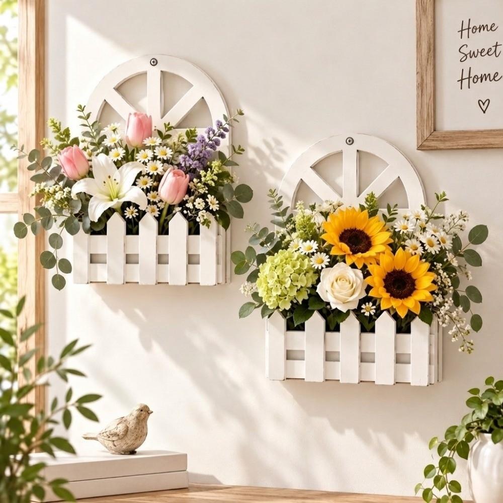 Hanging Garden Fence Flower Pot White Wall Hanging Planter Wooden House Shape Planter Wall Decor