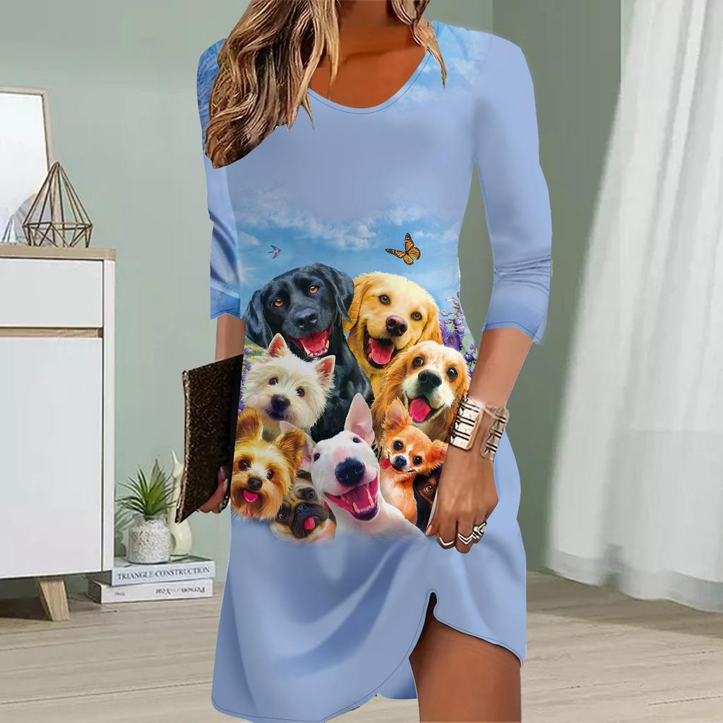 Women Casual Dress Autumn Puppy Print Dresses For Women O-neck Short Sleeve Dress Plus Size