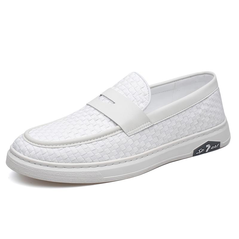Summer New Breathable Cowhide White Shoes Comfortable Lazy Bean Shoes Fashionable Men's Breathable Round Toe Soft Sole Loafers