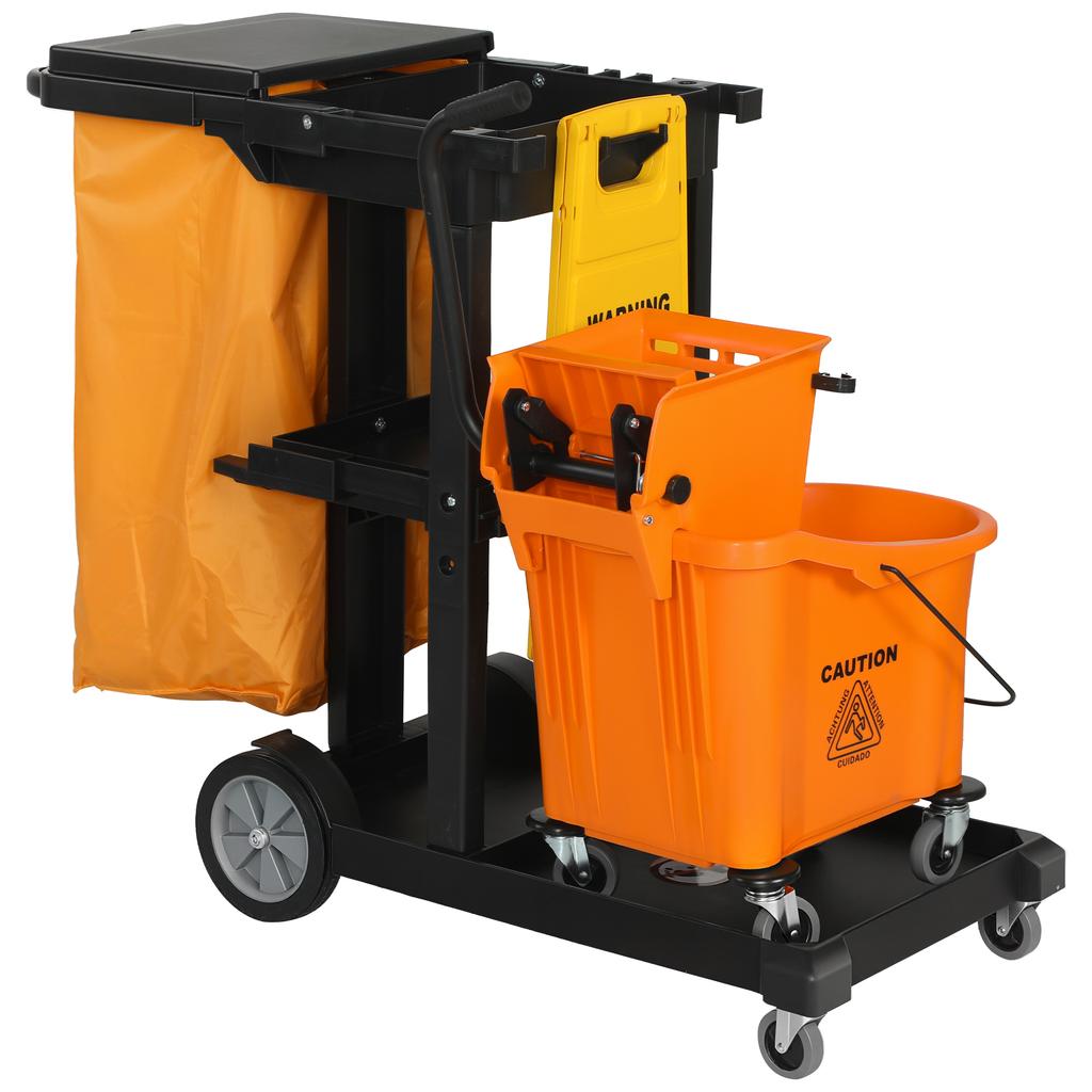 Cleaning Cart: Wheels, 3 Shelves, 70L Bag, Bucket with Wringer.