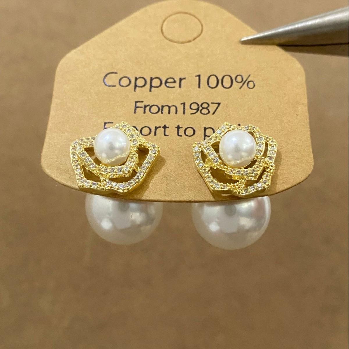 Exquisite French Camellia Pearl & Zircon Stud Earrings - Elegant, Fashionable Women s Jewelry