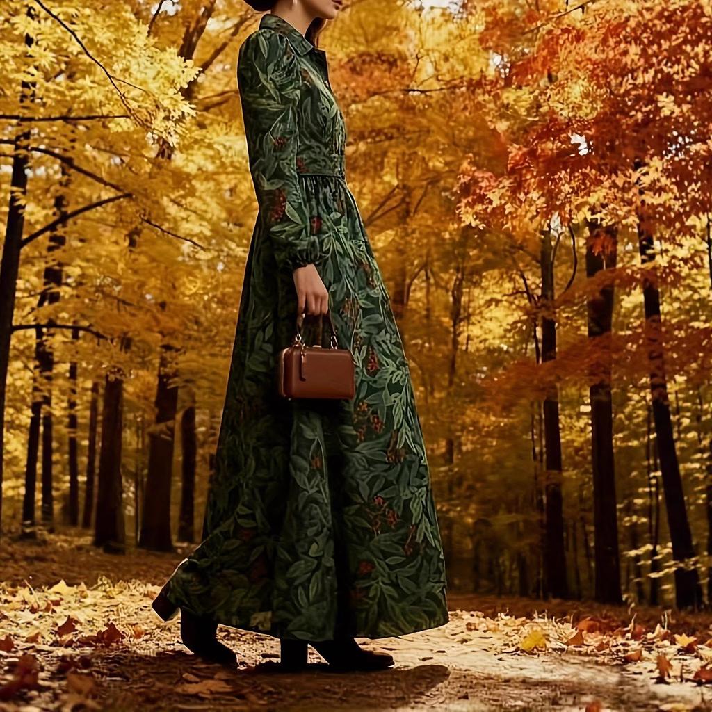 Retro style plant berry print long-sleeved long dress dark green waist design autumn outdoor wear elegant atmosphere