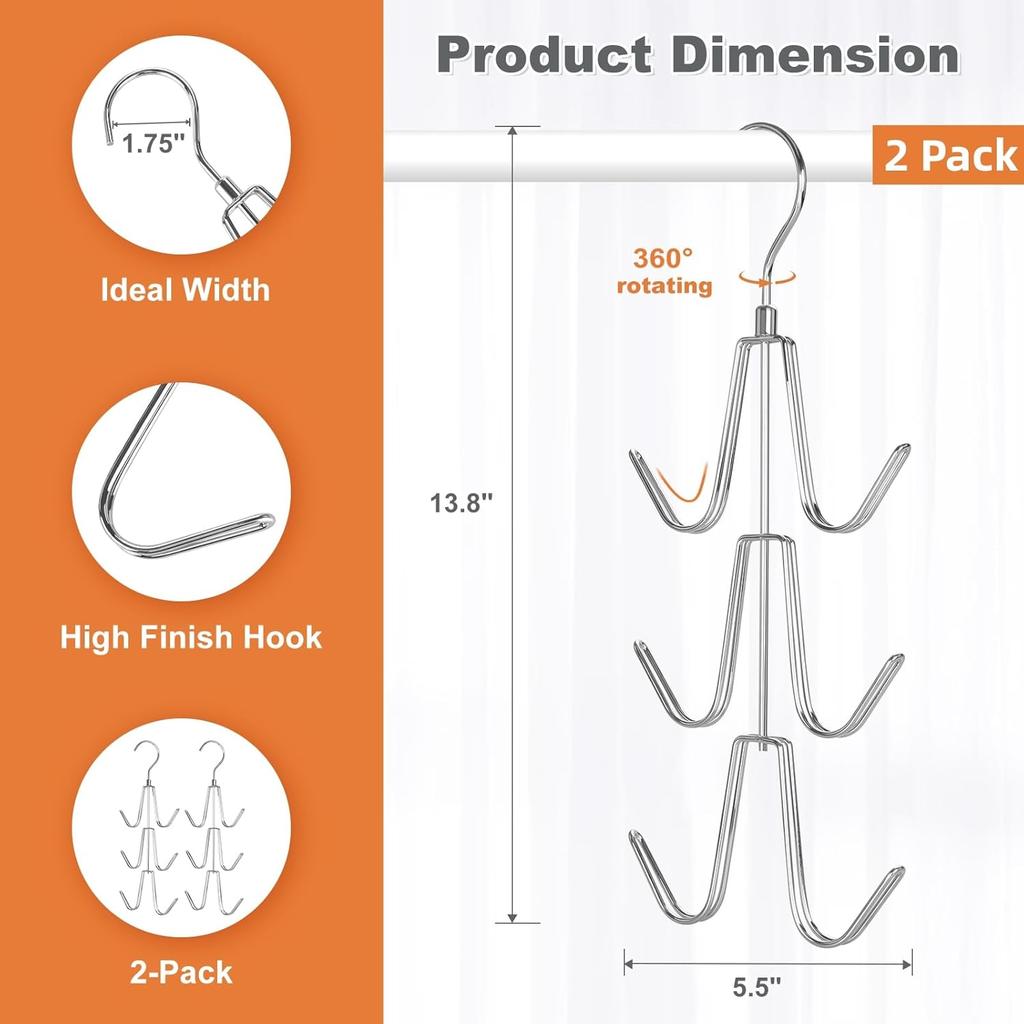 TOPIA HANGER Purse Hanger Organizer for Closet, 2-Pack Handbag Organizer Hanger, 360°Swivel Metal Purse Hooks, Bag Rack, Belt Organizer, Tie Rack,