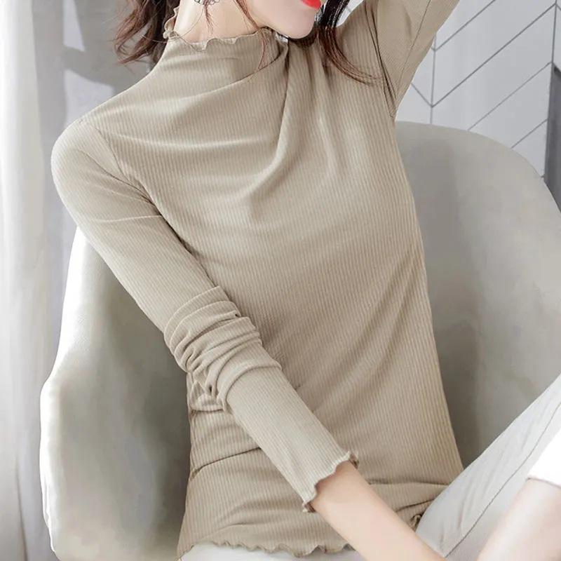 Women's Slim Fit Black Modal Long-Sleeve Mid-Neck Top for Autumn/Winter