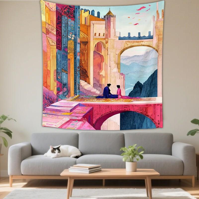 Boho Chic Wall Tapestry With Moon Phase Floral Starry Sky Design Bedroom Yoga Studio Decor