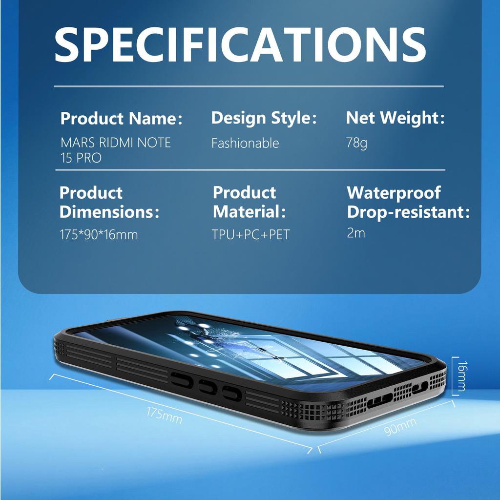 New Hot-selling Redmi Note 15 Pro 5G Waterproof Phone Case, Dustproof and Drop-proof IP68 Underwater Swimming Protective Cover