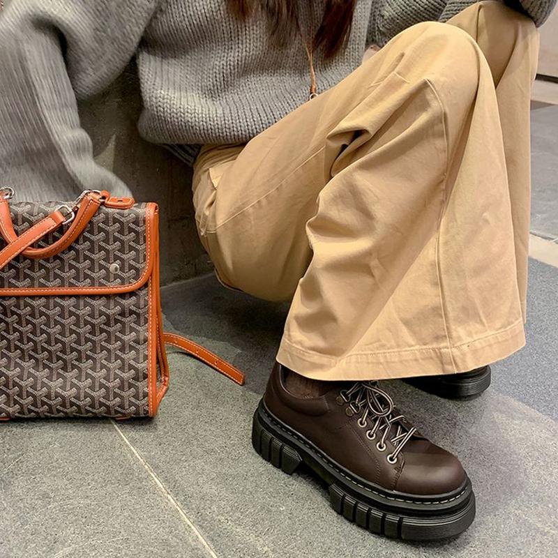 Fashion Women's new leather cowhide round toe high-heeled lace up college style single shoes, thick soled retro casual shoes