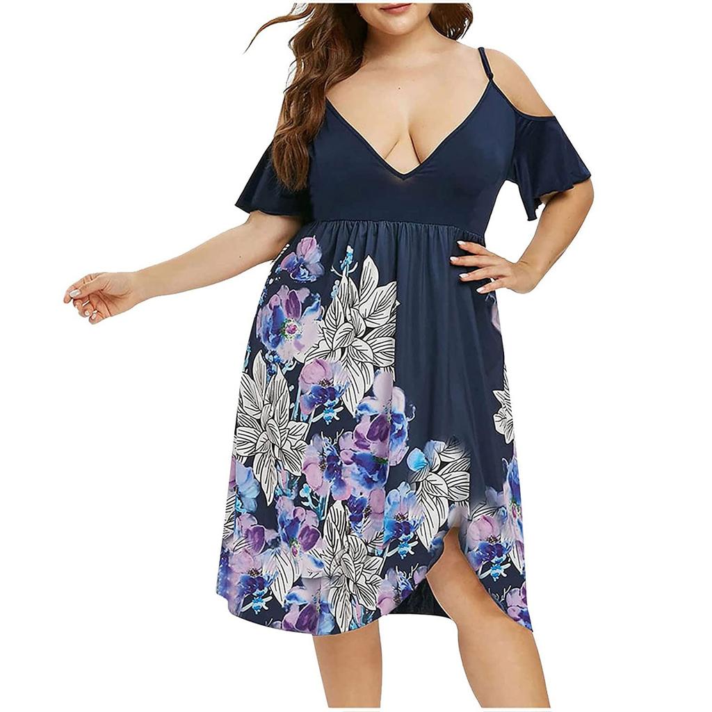 Women's High Waist Belly Concealing V-Neck Strapless Printed Plus Size Dress