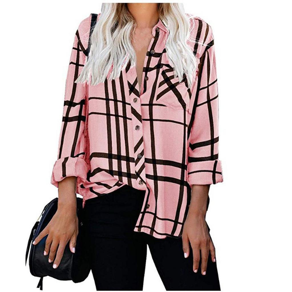 Camicia Blusa Camicie Top Casual da Donna Larghe con Revers a Maniche Lunghe e Stampa a Quadri