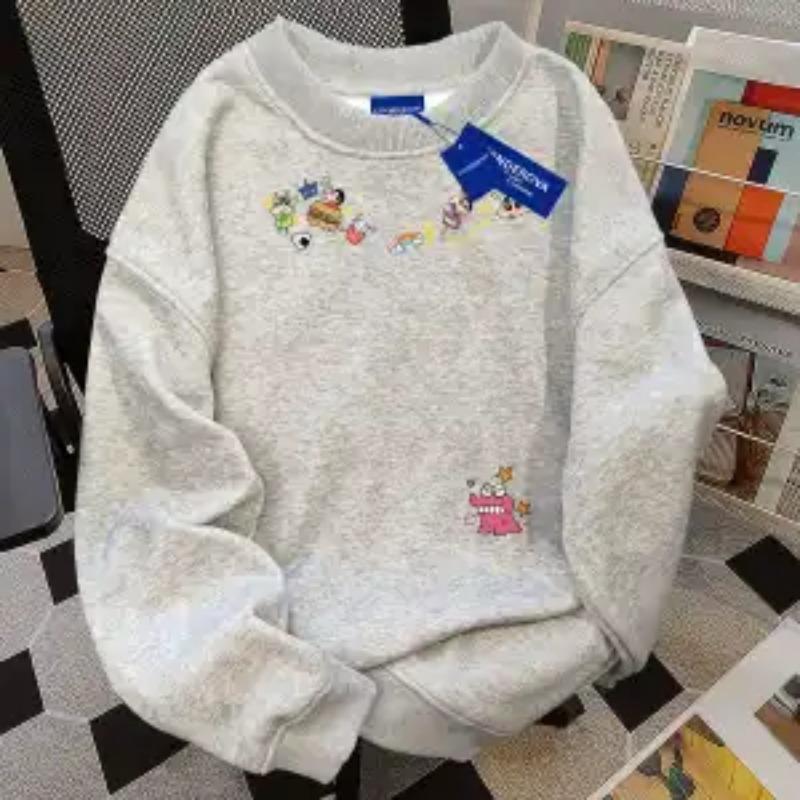 Reine Baumwolle American High Street Cartoon Buntstift Buchstaben Aufdruck Rundhals Sweatshirt Damen Herbst Winter Samt Oberteil