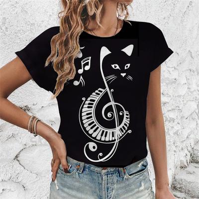 Music Cat Pattern T-Shirt For Women Funny Animal 3D Printed Tees Summer Harajuku Round Neck T Shirts Short Sleeves Loose Tops