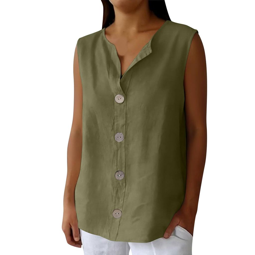 Women's Fashion Color Button Summer Loose V-neck Sleeveless Casual T-shirt Vest Top