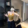 American Spice Girl Lace Splicing Fake Two-piece Plaid Suspender Vest Women's Summer Slim Skinny Short Top