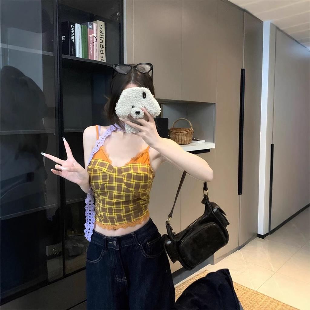 American Spice Girl Lace Splicing Fake Two-piece Plaid Suspender Vest Women's Summer Slim Skinny Short Top