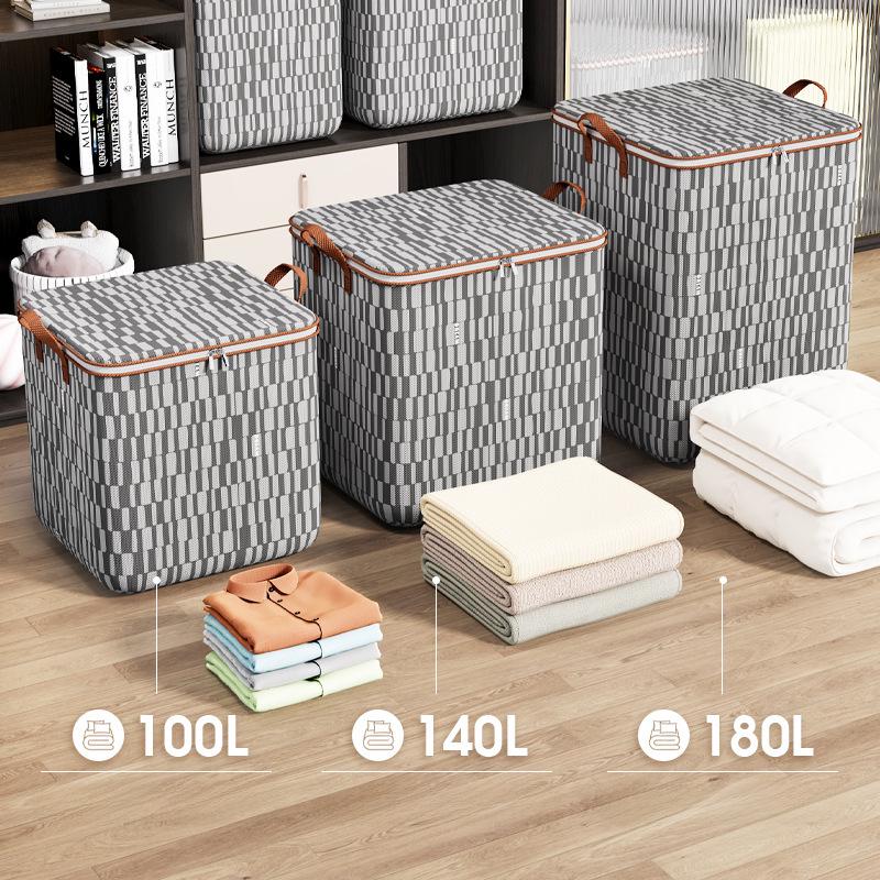 Large Capacity Foldable Quilt and Clothes Storage Bag with Thick Gray Striped Fabric